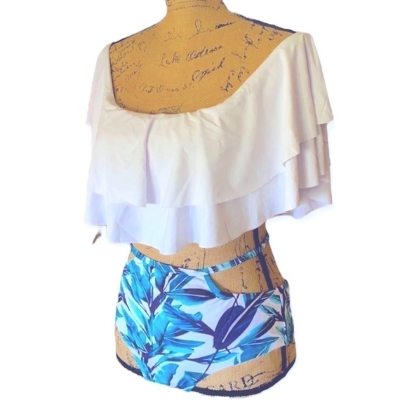 Off Shoulder Ruffle Top 2pc Swimwear White Top Print High Waist Bottom X-LARGE - Picture 2 of 11
